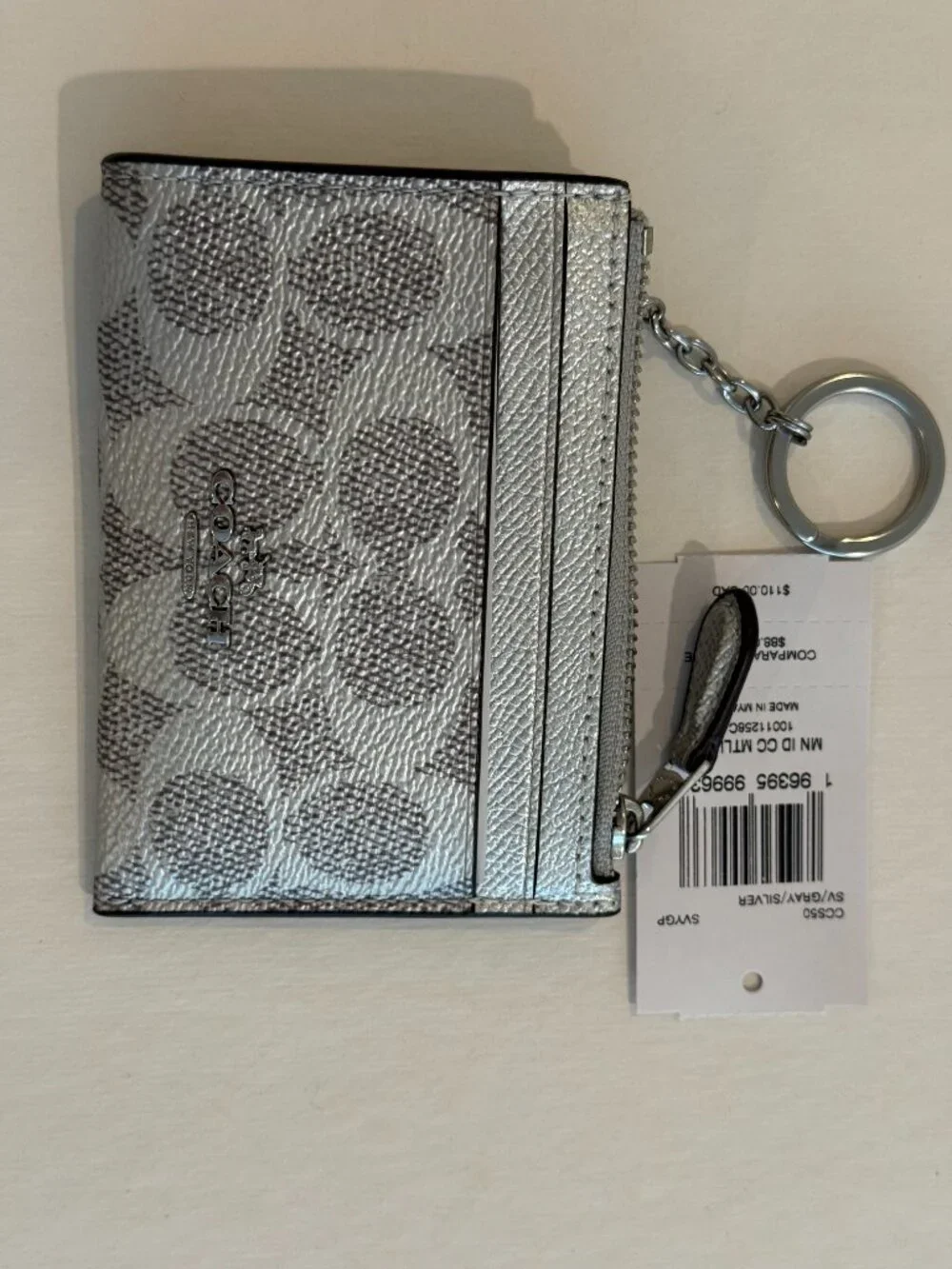 Coach Min/Skinny ID Case Card Holder Signature Canvas key chain/ Wallet Silver